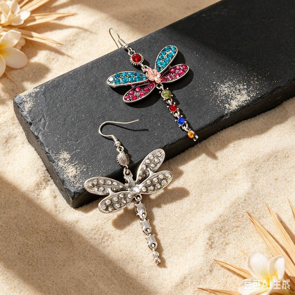 Sparkling Colorful Dragonfly Dangle Earrings Boho Beach Vacation Party Jewelry-1