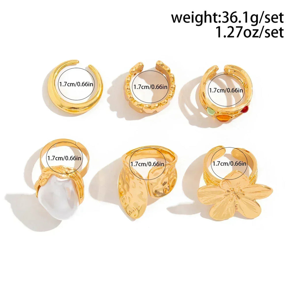 Ingemark 2025 New Irregular Exaggerated Metal Flower Open Rings Women Elegant Baroque Imitation Pearl Ring Jewelry Accessories