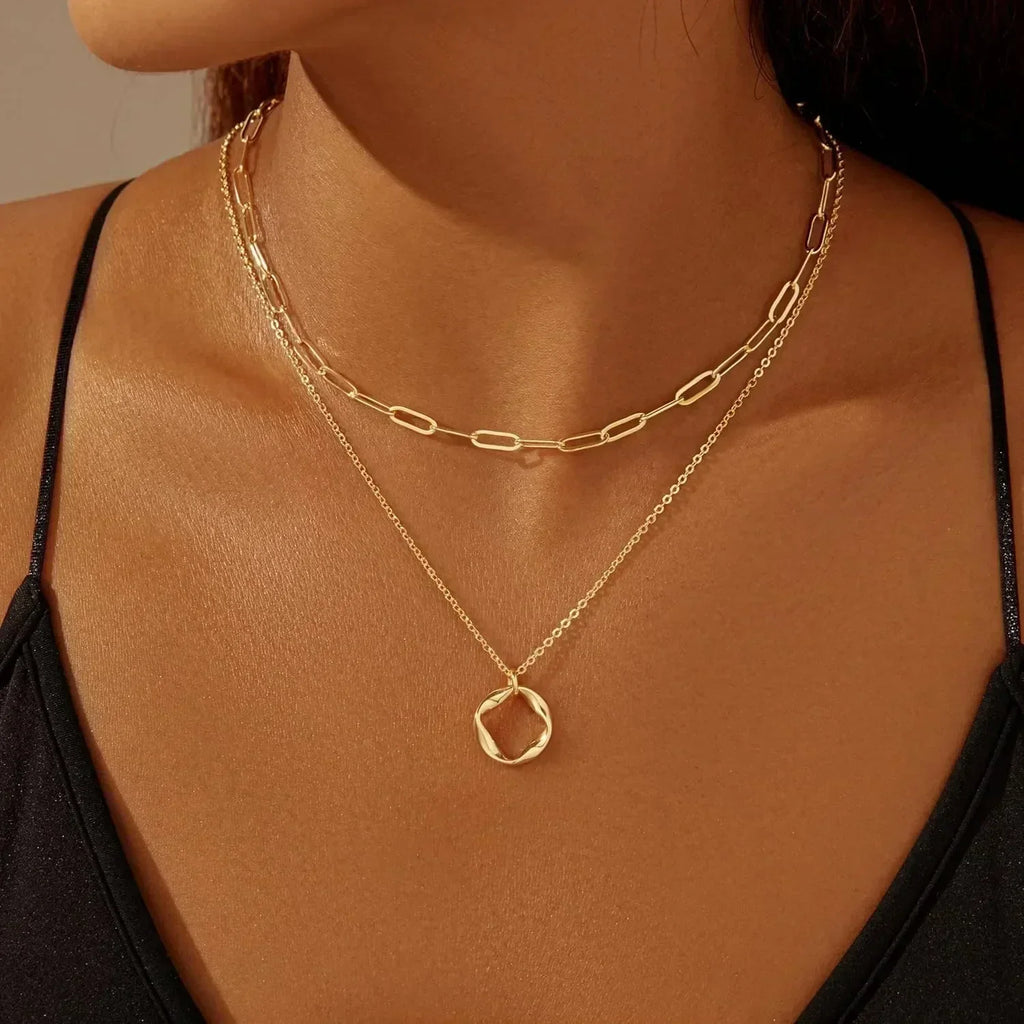 Layered Gold Necklaces for Women Stackable14K Gold Silver Plated Circle Paperclip Chain Pendant Choker Necklace Set For Woman