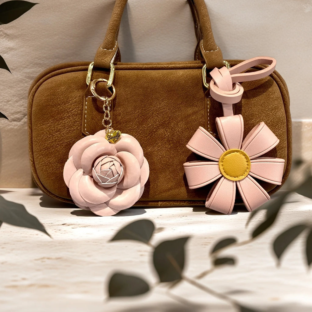 Pink PU Leather Flower Keychain Set for Bag Charm-Handmade Floral Pendant Keyring Accessories for Purse-Daily Mood Booster/Gift