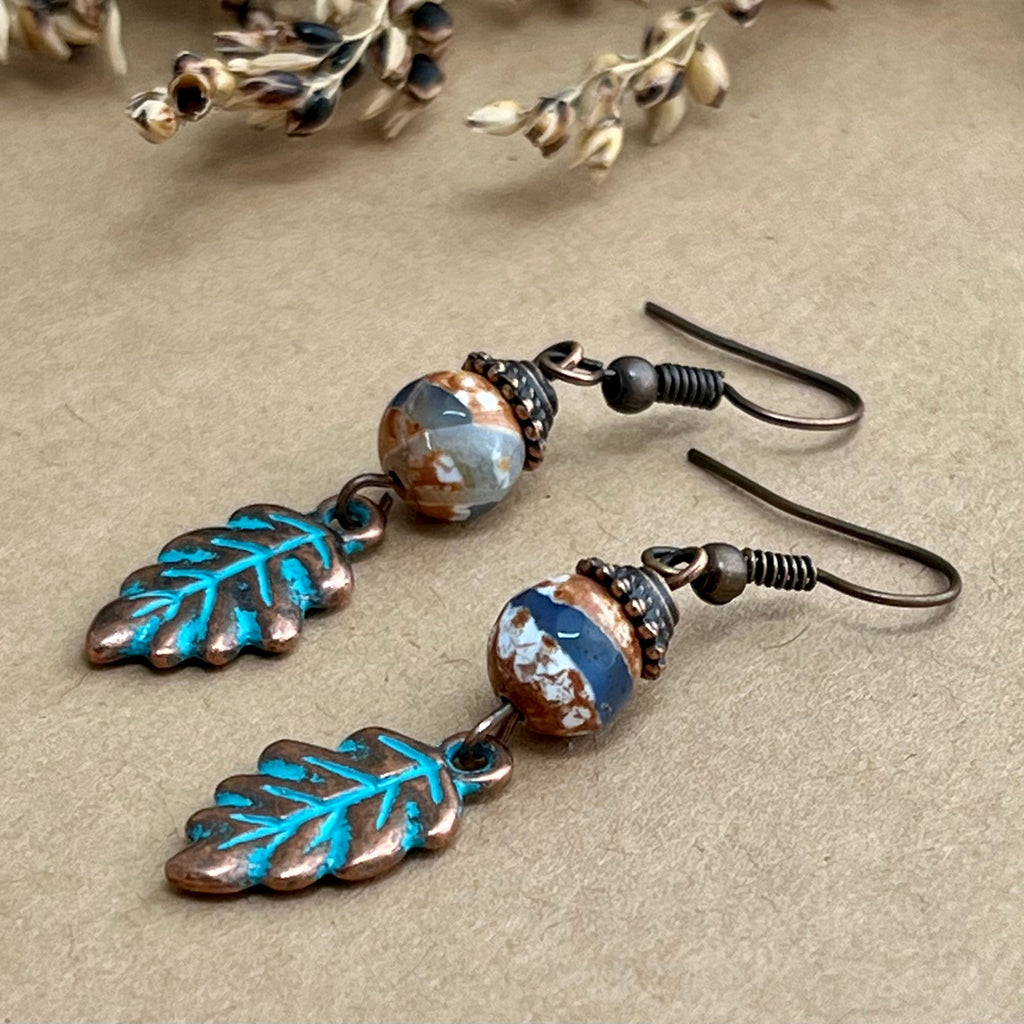 Copper Leaf Earrings with Blue Patina & Agate Bead