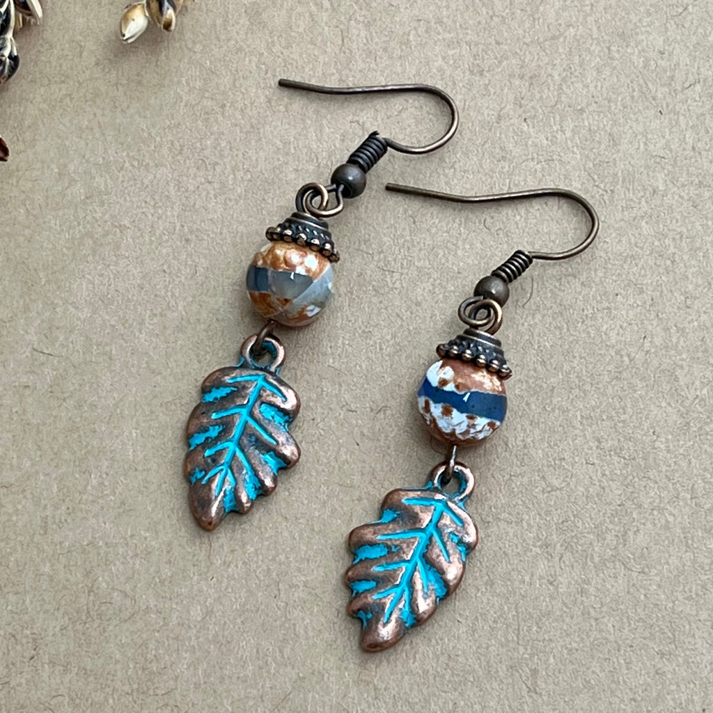 Copper Leaf Earrings with Blue Patina & Agate Bead