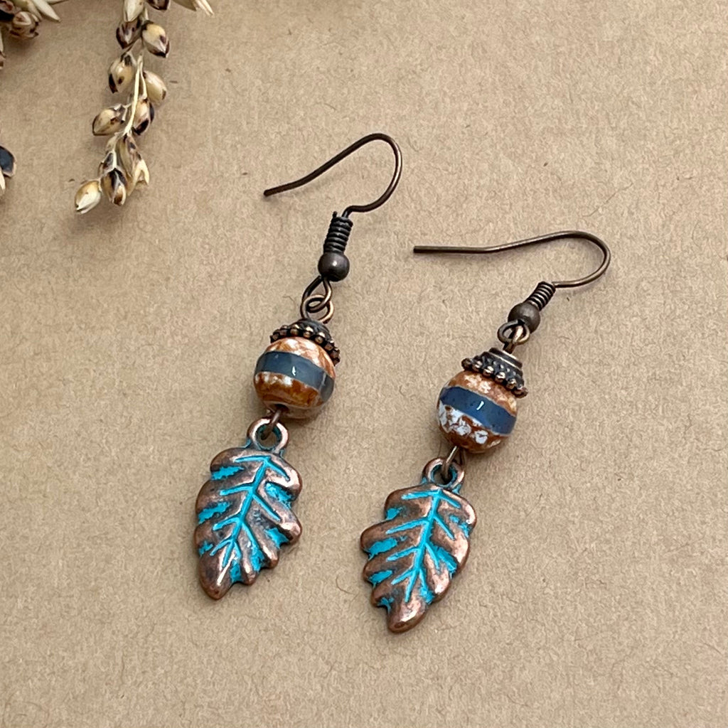 Copper Leaf Earrings with Blue Patina & Agate Bead