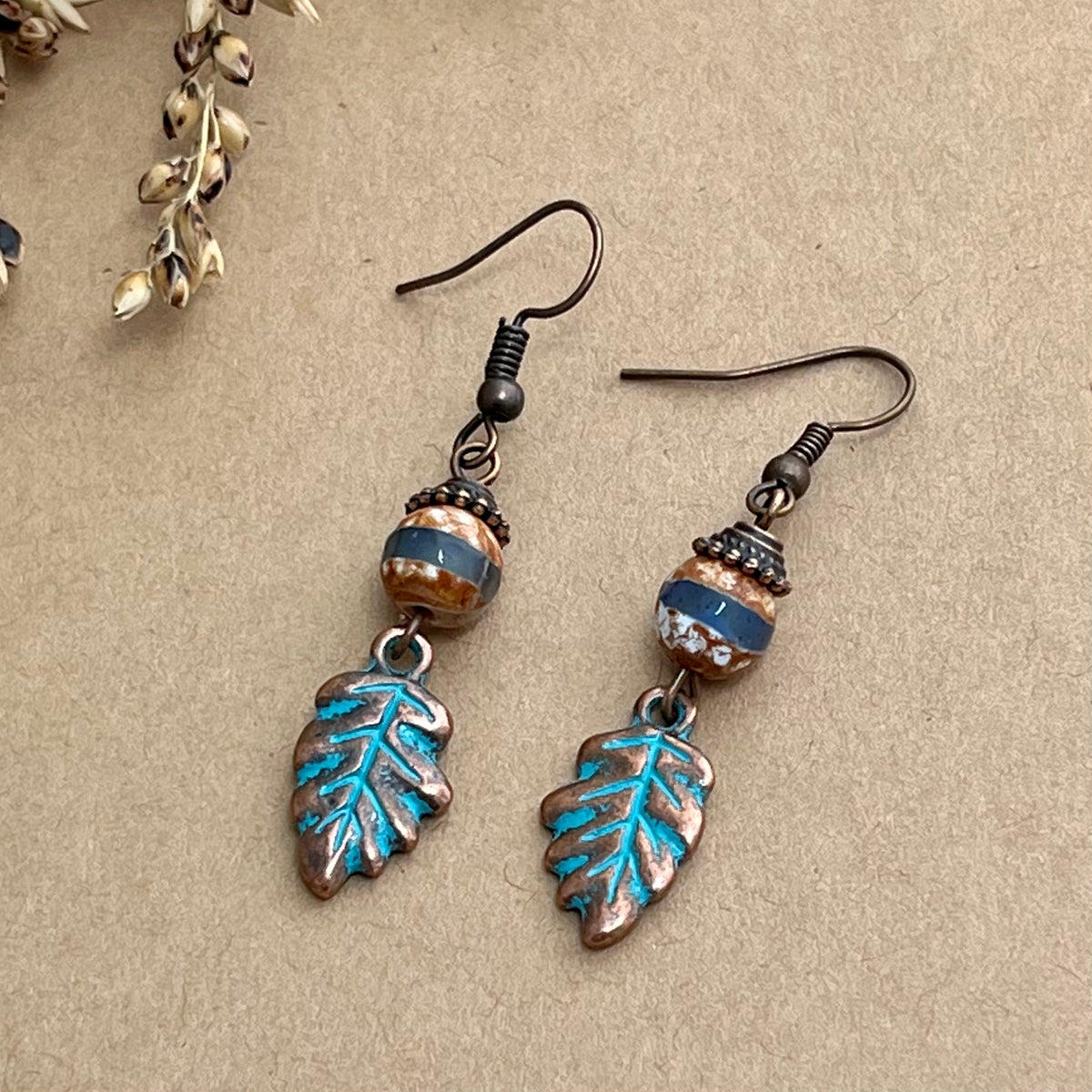 Copper Leaf Earrings with Blue Patina & Agate Bead