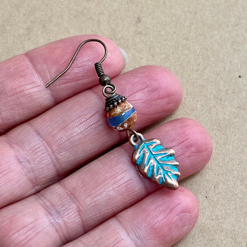Copper Leaf Earrings with Blue Patina & Agate Bead
