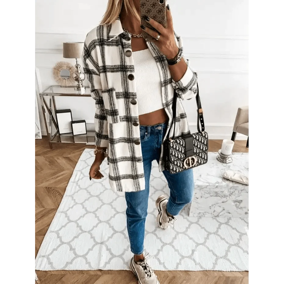 Luxurious Fashionable Women's Long Sleeve Plaid Shirt Coats Top Spring Autumn Casual Lapel Cardigan ,Jackets ,Outerwear,Streetwear