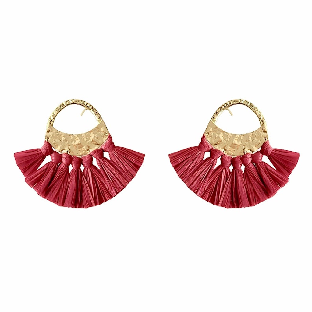 Red Raffia Fan Earrings-0